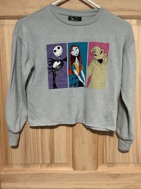 Disney Light Gray Crewneck Sweatshirt with Colorful Tim Burton Character Panels